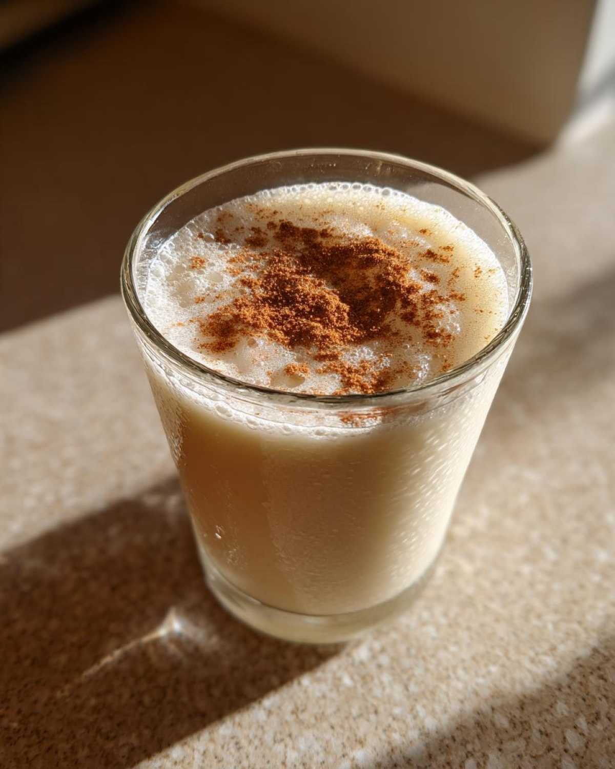 A close-up of a glass filled with creamy coquito, garnished with a sprinkle of ground cinnamon on top.