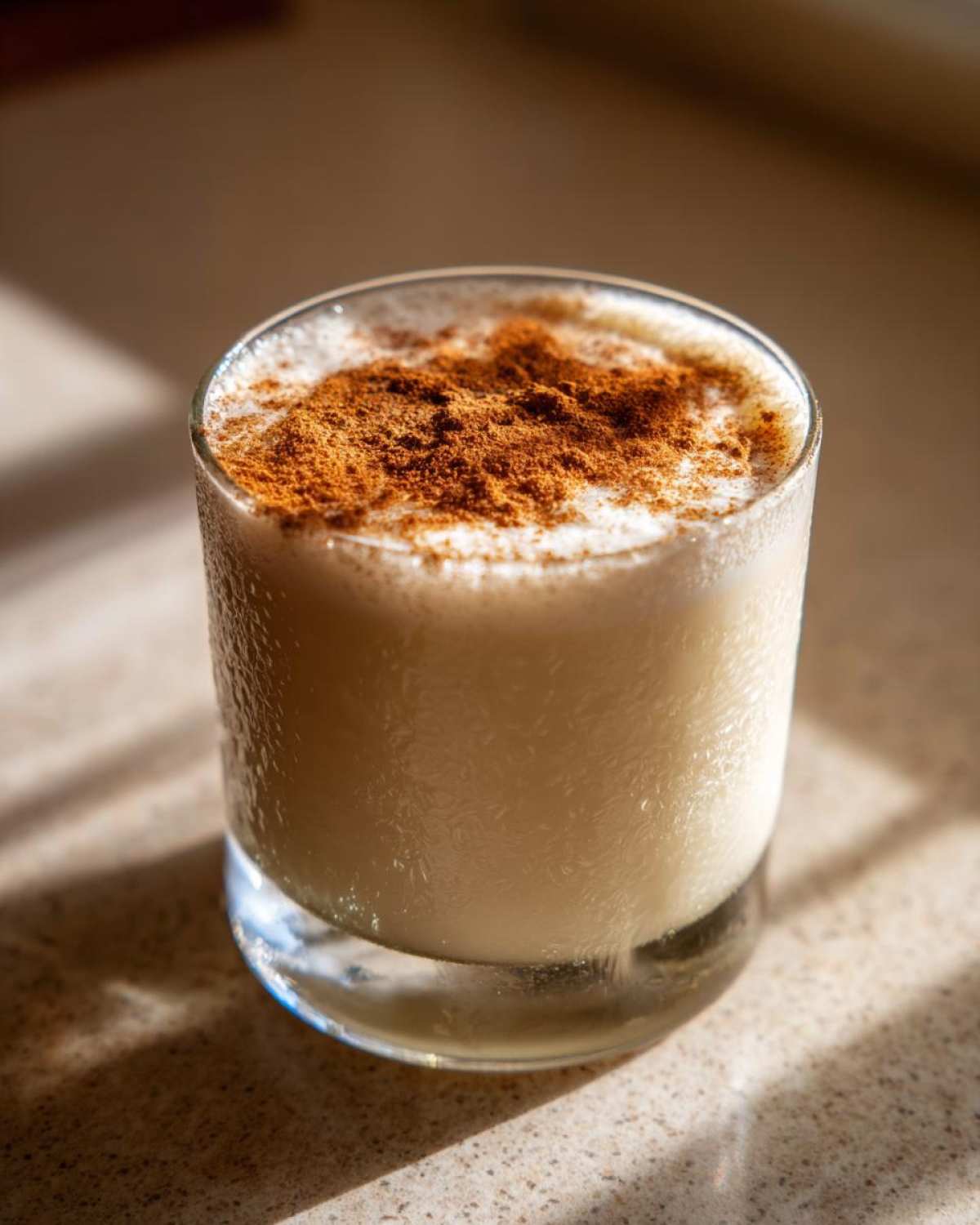 A chilled glass filled with creamy coquito, dusted heavily with ground cinnamon on top.