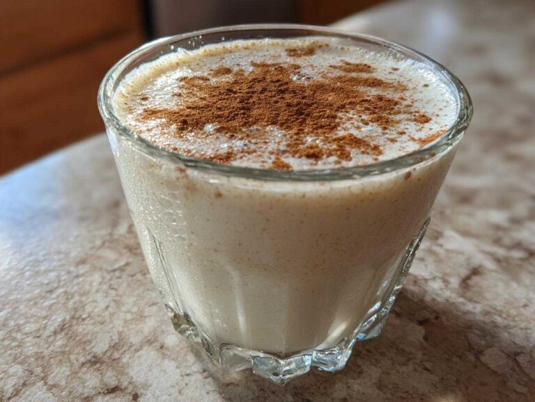 Close-up of a glass filled with creamy, chilled coquito, generously dusted with ground cinnamon on top.