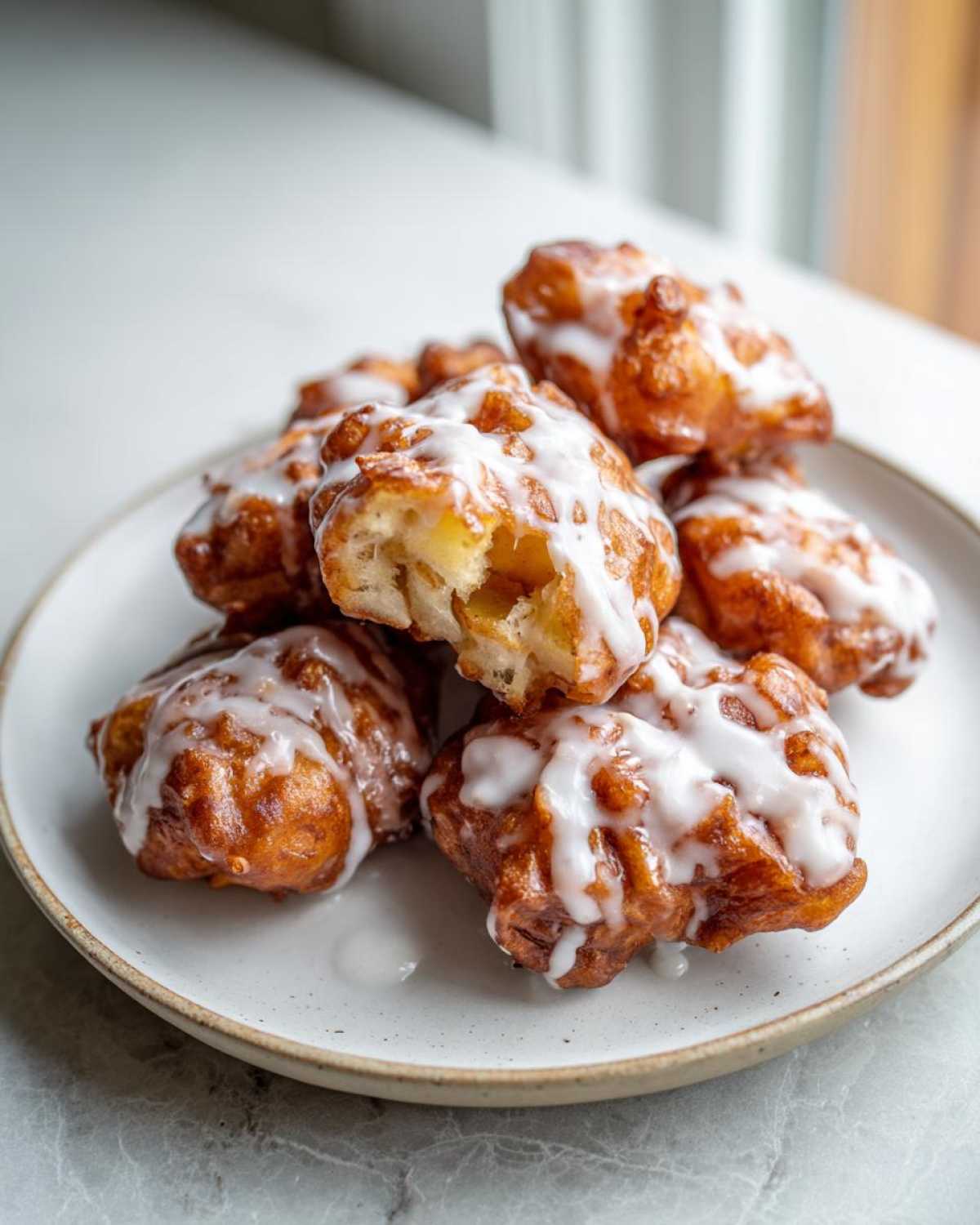 A stack of golden brown, glazed apple fritter pieces piled on a light-colored plate.