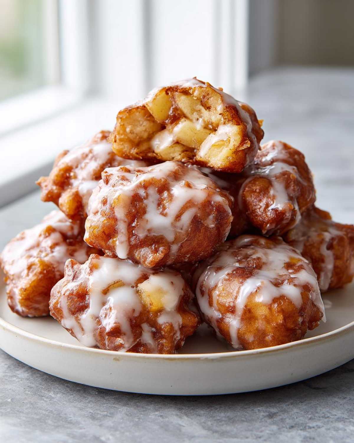 A stack of golden brown, glazed apple fritter bites piled on a light plate, with one fritter broken open showing apple pieces inside.