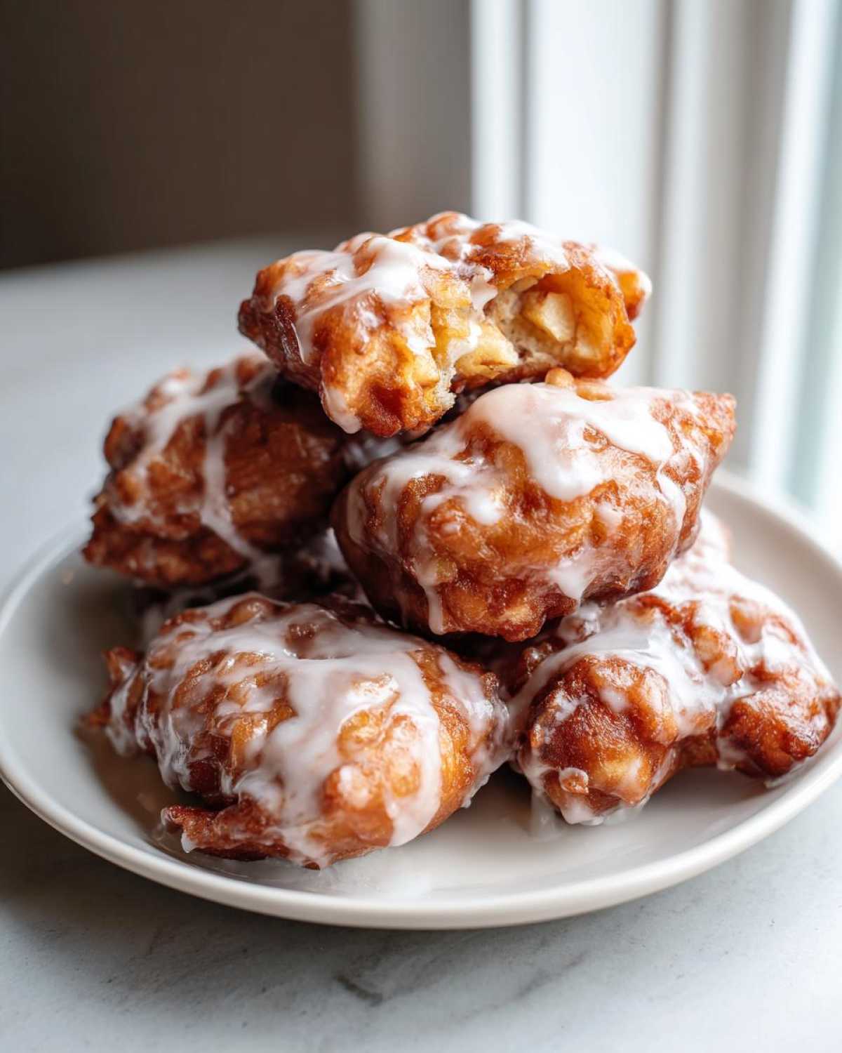 A stack of freshly fried, glazed apple fritter pastries piled high on a white plate.