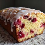 Close-up of a freshly baked cranberry orange bread loaf with white glaze drizzled over the top.