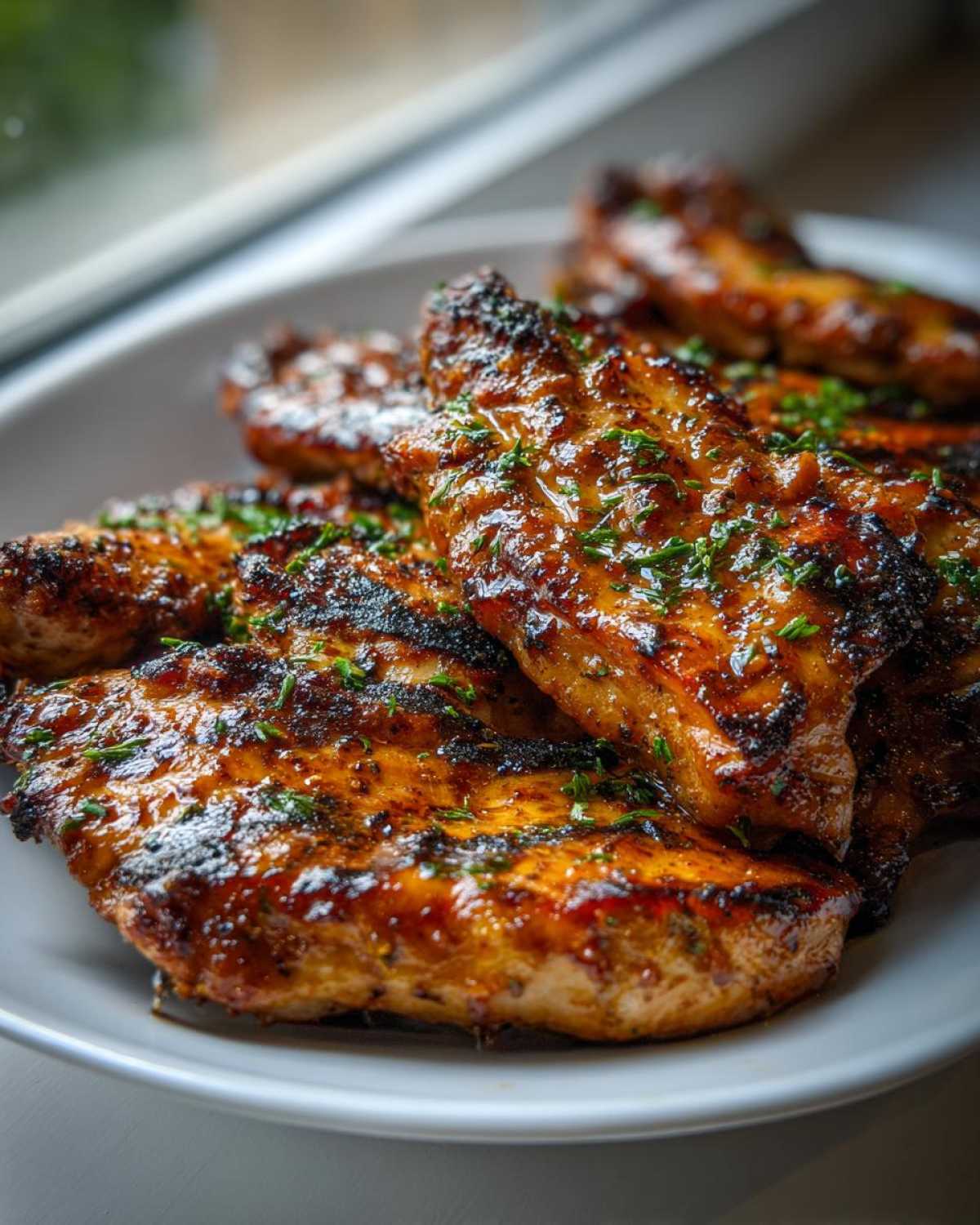 Close-up of beautifully grilled and glazed chicken pieces, showcasing the results of the best chicken marinade.