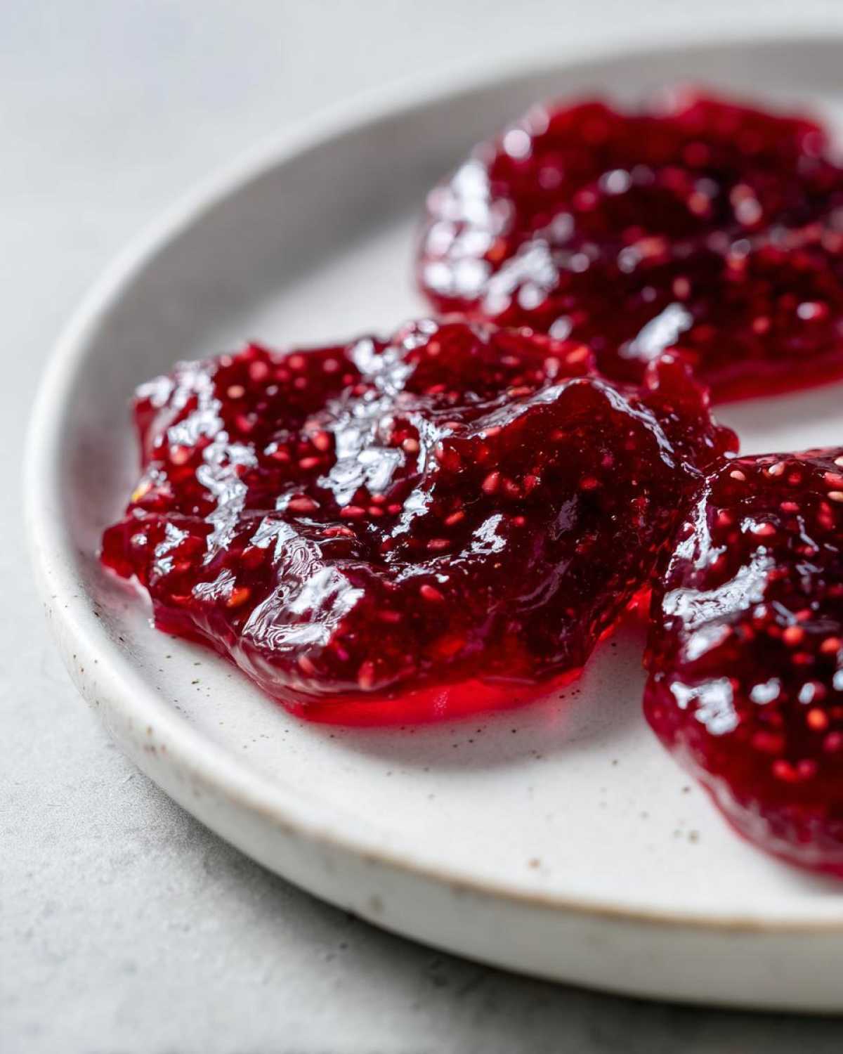 Close-up of three dollops of thick, glossy, deep red raspberry jam with visible seeds on a speckled white plate.