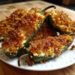 A plate of freshly baked jalapeño poppers stuffed with cream cheese and topped with golden brown breadcrumbs.