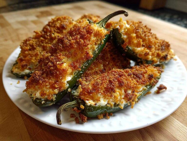 A plate of freshly baked jalapeño poppers stuffed with cream cheese and topped with golden brown breadcrumbs.
