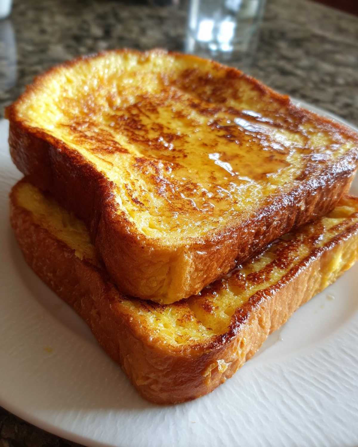 Two thick slices of golden brown easy french toast stacked and drizzled with syrup.