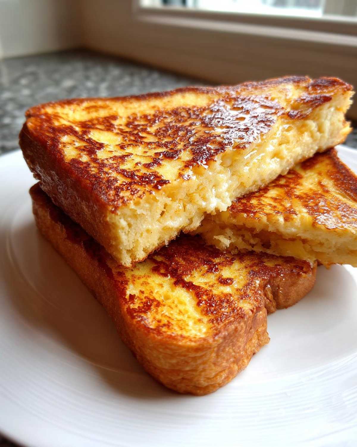 Close-up of thick, golden brown slices of easy french toast stacked on a white plate.