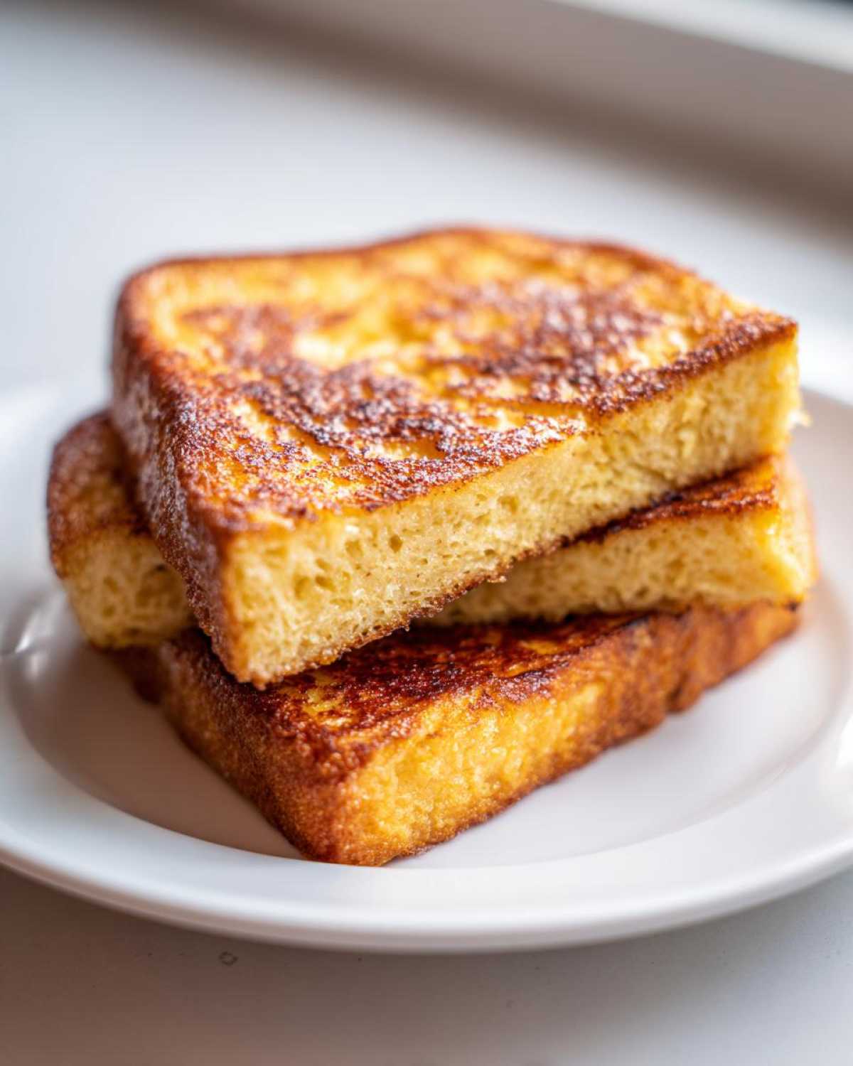 Close-up of three thick slices of golden brown easy french toast stacked on a white plate.