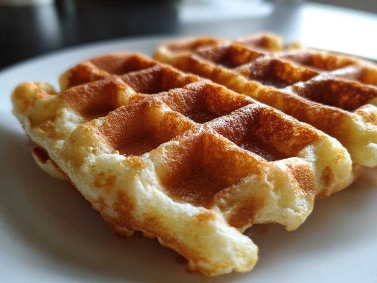 Close-up of two golden brown, fluffy high protein waffles resting on a white plate.