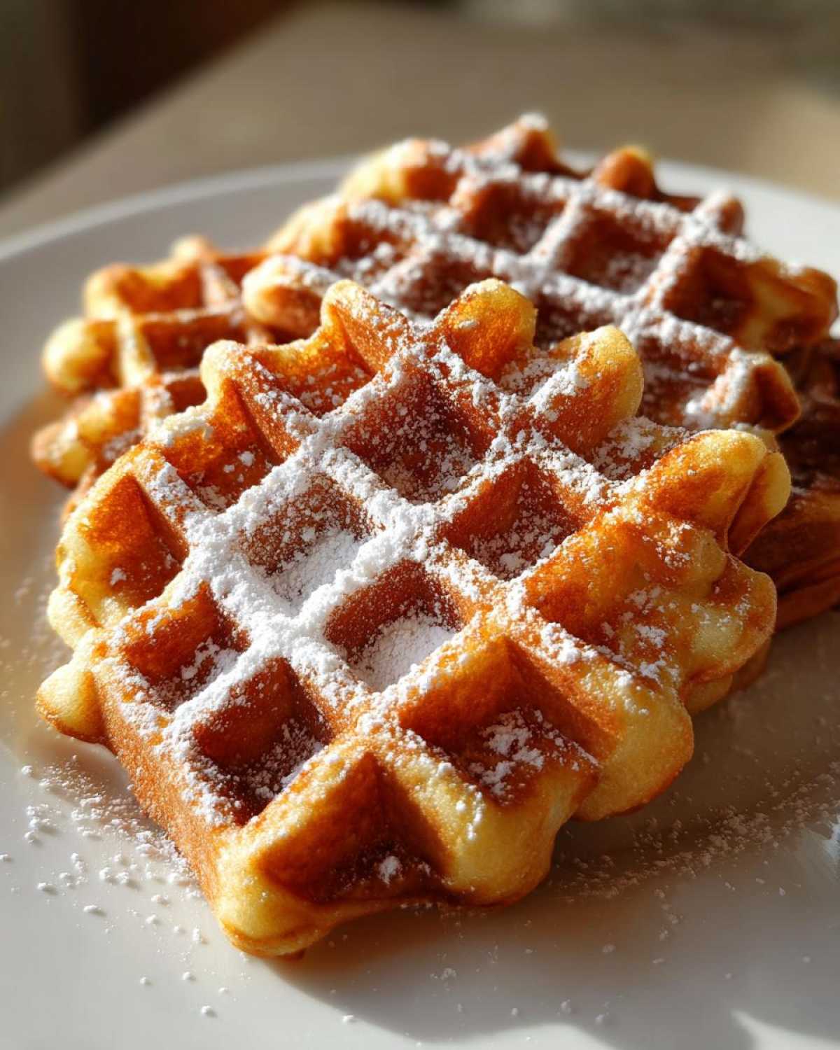 Close-up of golden brown high protein waffles dusted generously with white powdered sugar on a white plate.