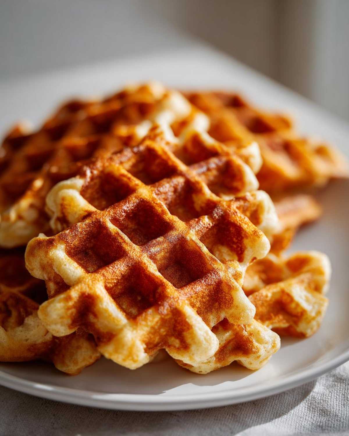 Close-up of several golden brown high protein waffles stacked on a white plate, catching the sunlight.