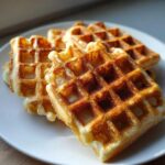 Close-up of three golden brown high protein waffles stacked on a white plate, catching morning light.