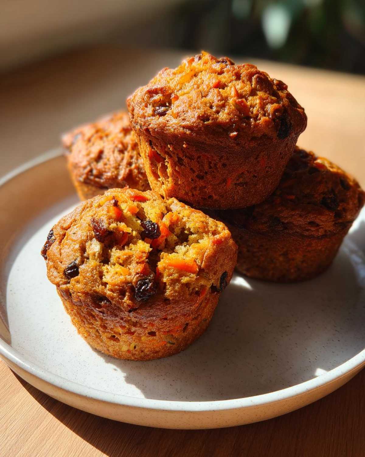 A close-up of four freshly baked morning glory muffins, rich with visible carrots and raisins, stacked on a light speckled plate.