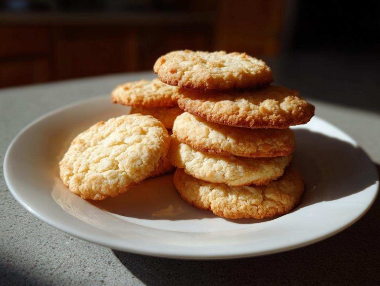 A stack of golden brown, slightly textured butter cookie treats piled on a white plate in natural sunlight.