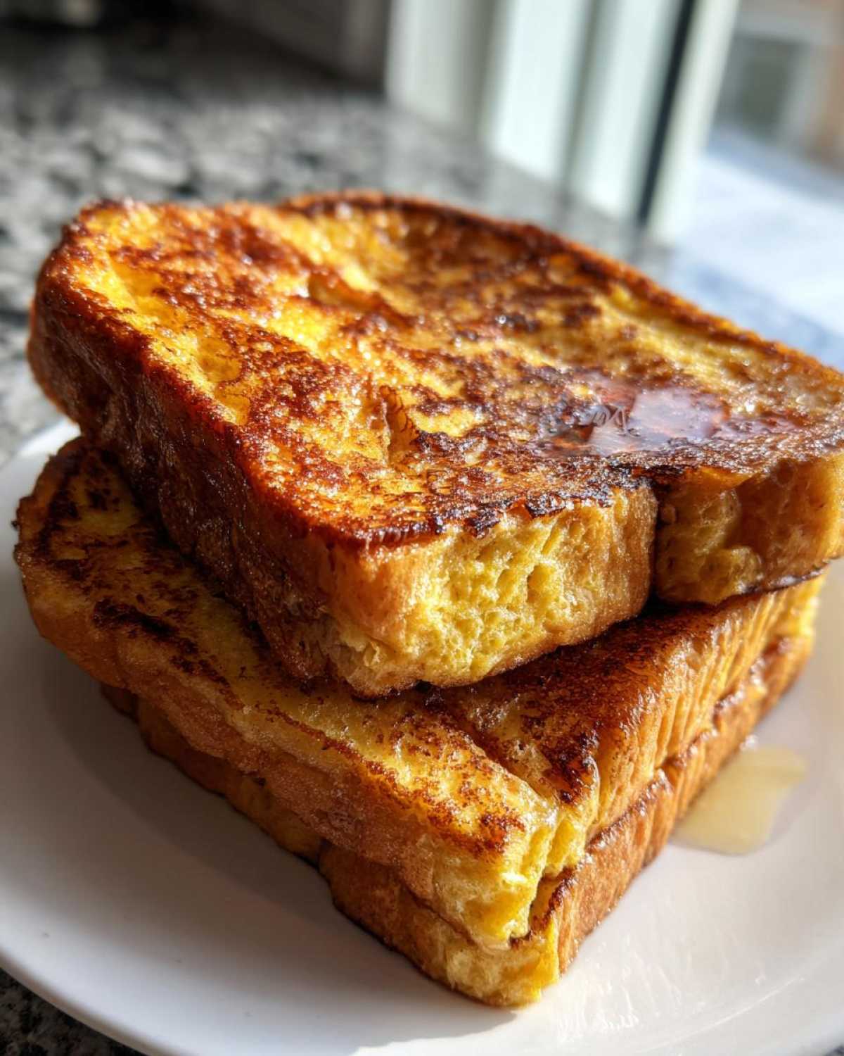 A close-up of two thick slices of golden brown easy french toast stacked on a white plate, drizzled with syrup.