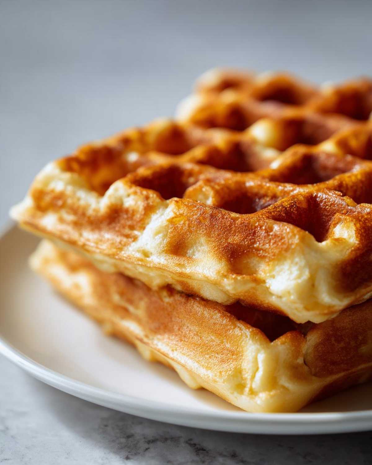 Close-up of a stack of two golden brown, fluffy high protein waffles on a white plate.