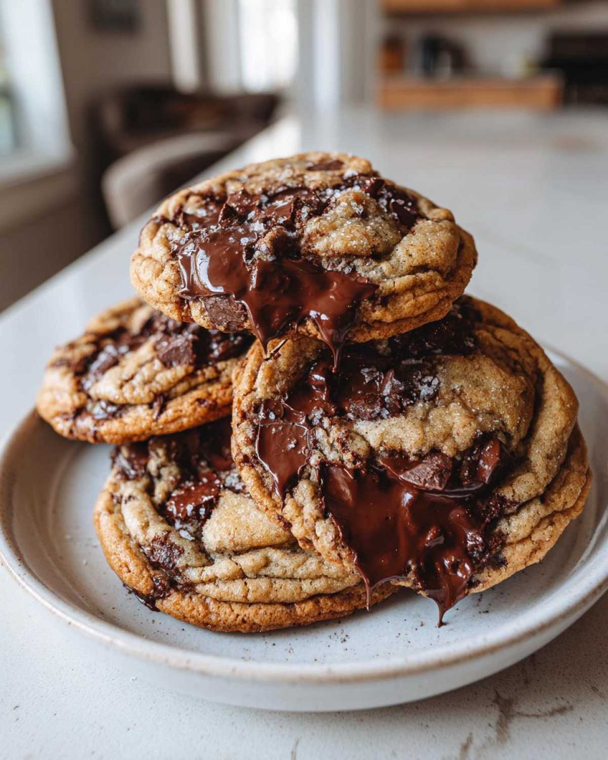 A stack of gooey, freshly baked chocolate chip cookies with melted chocolate oozing out, sprinkled with sea salt.
