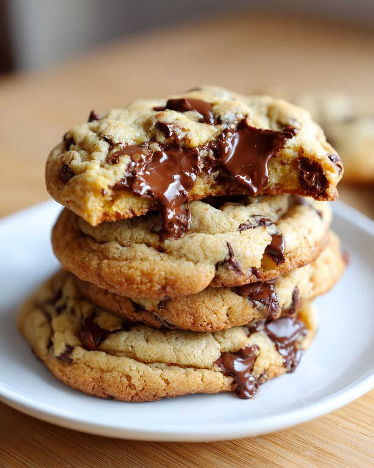 A stack of four thick, gooey homemade chocolate chip cookies with melted chocolate oozing out of the top cookie.