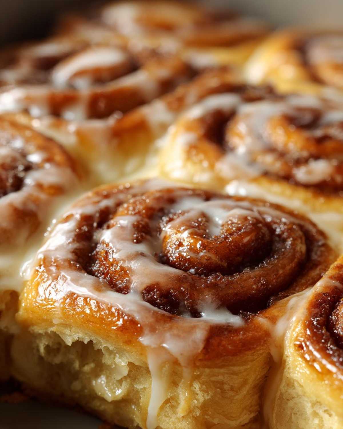 Close-up of freshly baked homemade cinnamon buns covered in thick, white icing dripping down the sides.