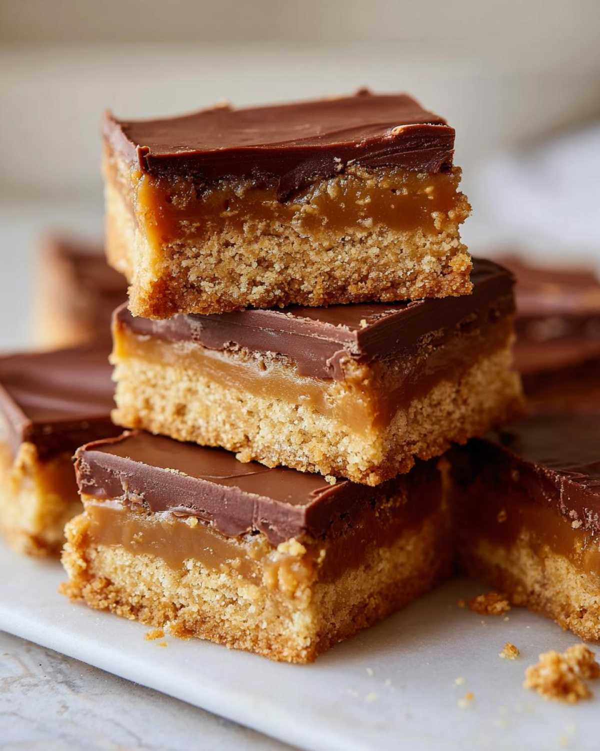 A stack of three rich graham cracker toffee bars showing the crunchy base, gooey caramel, and chocolate topping.