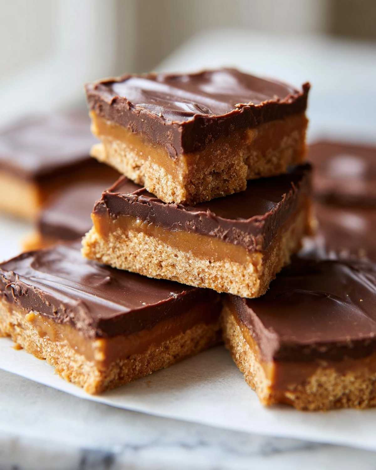 Close-up of stacked squares of graham cracker toffee featuring a thick graham crust, gooey caramel layer, and rich chocolate topping.