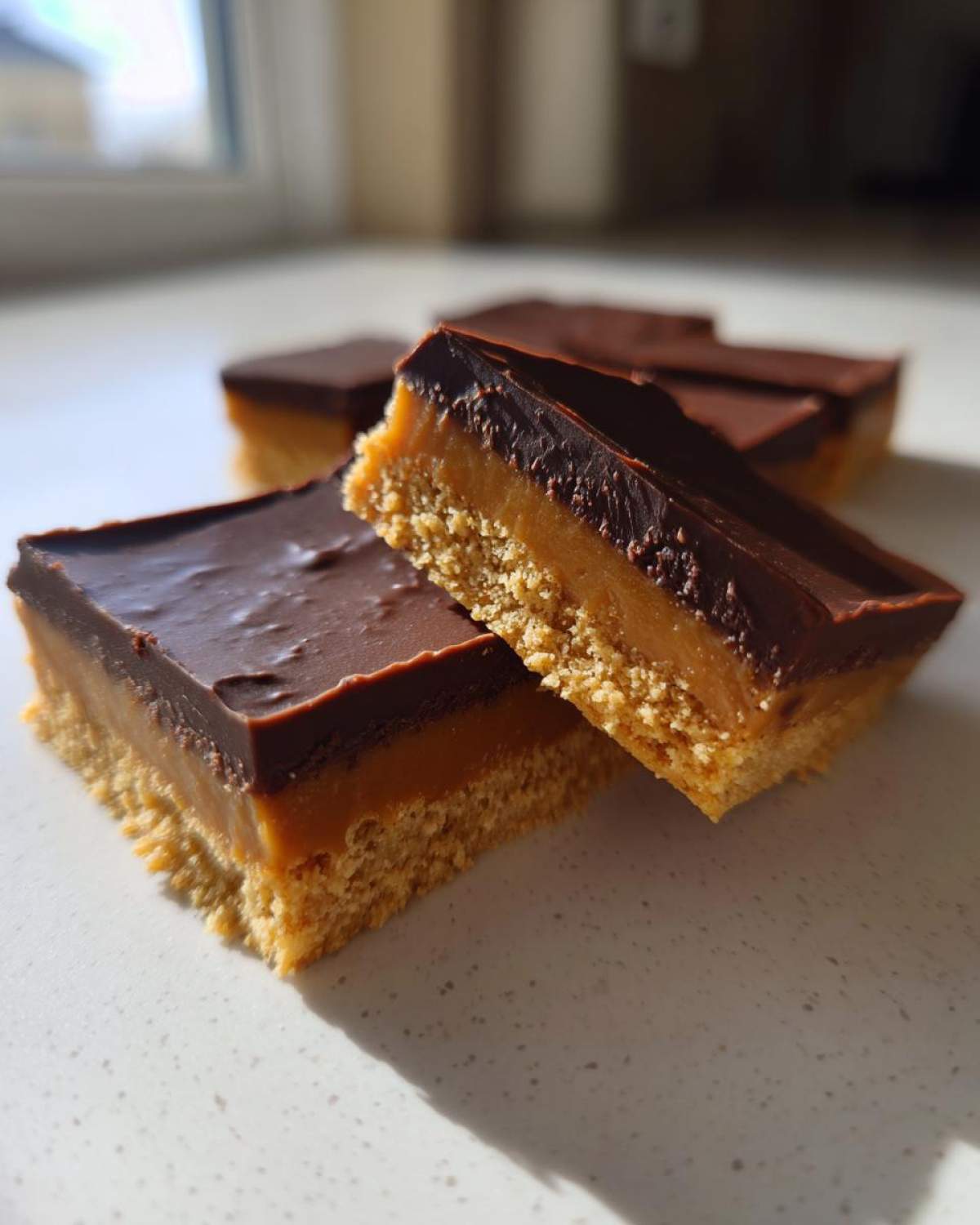 Two squares of graham cracker toffee showing distinct layers of crumbly base, thick caramel, and dark chocolate topping.
