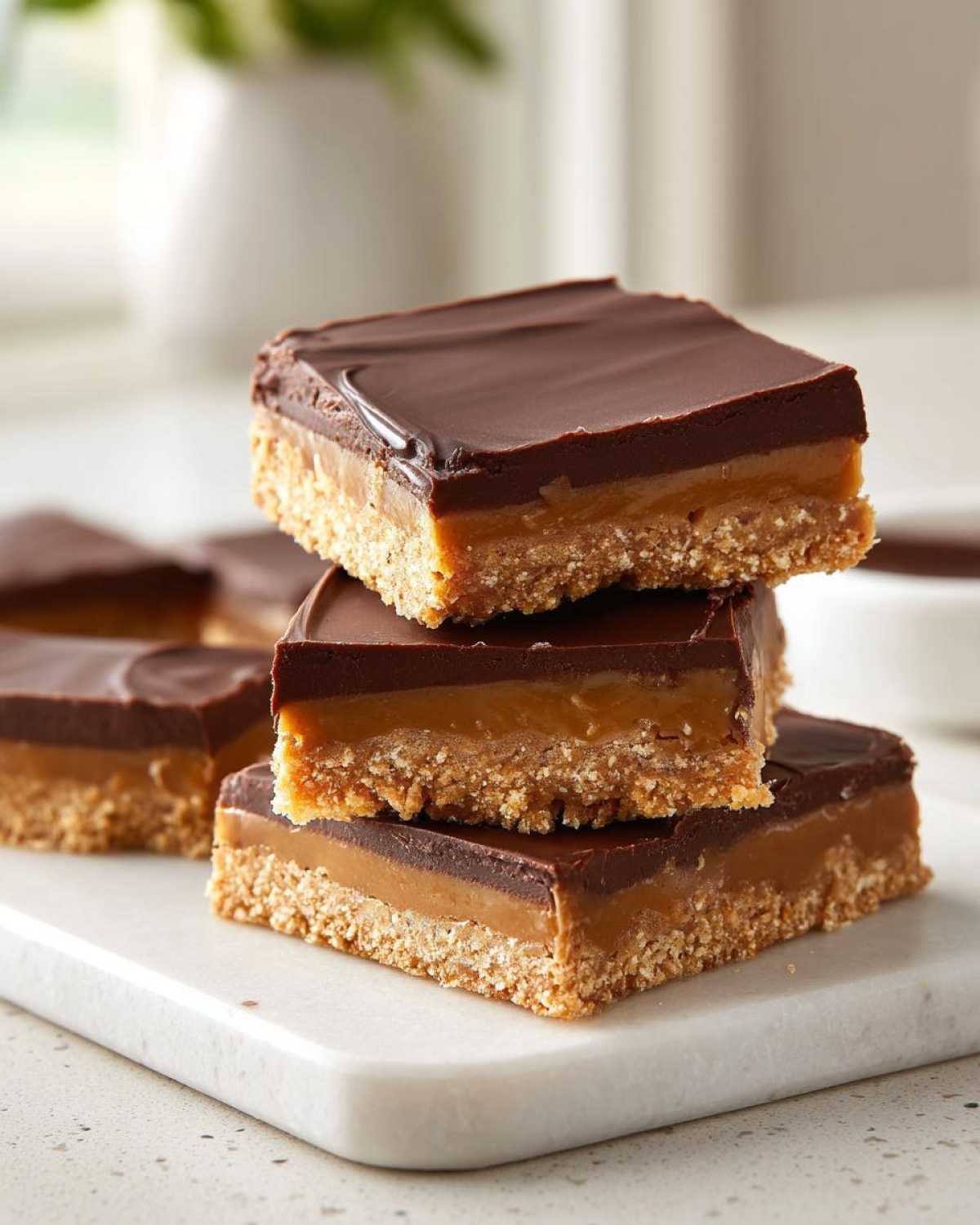 Three stacked squares of graham cracker toffee bars featuring a crumbly base, thick caramel layer, and smooth chocolate topping.