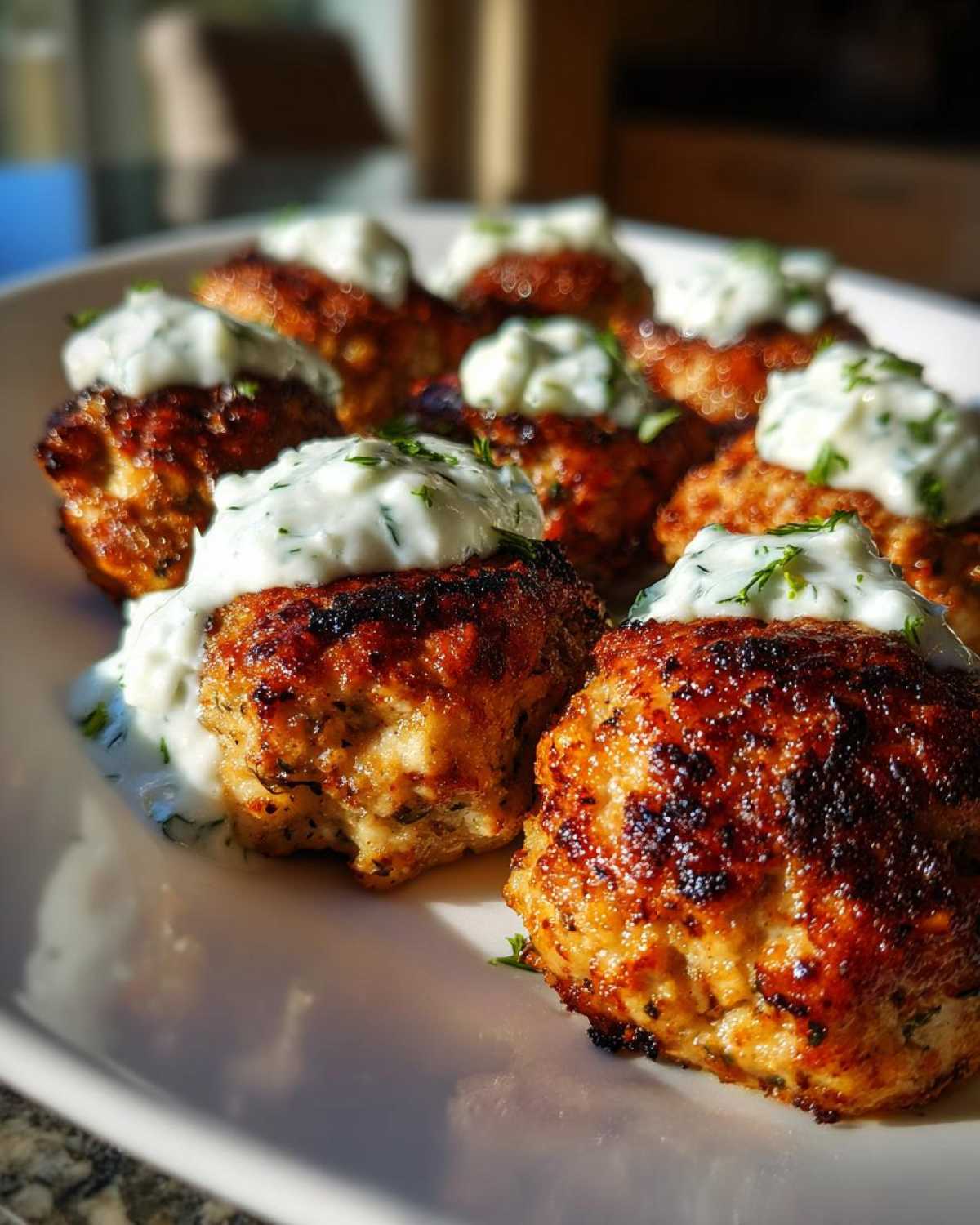 Close-up of perfectly browned greek chicken meatballs topped with creamy tzatziki sauce and dill.