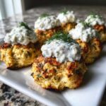 Close-up of baked greek chicken meatballs topped with creamy tzatziki sauce and fresh dill.