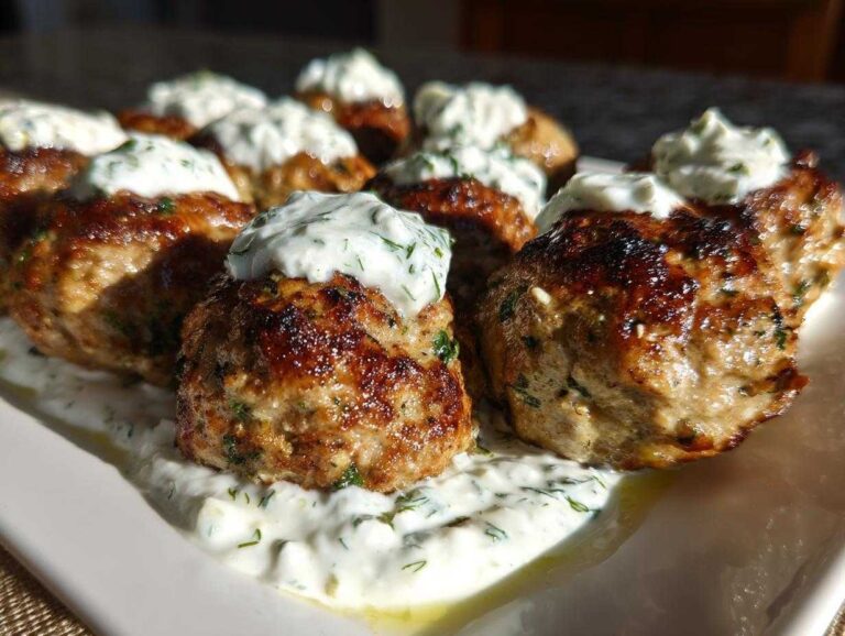 greek chicken meatballs: 1 amazing secret for juicy Close-up of perfectly browned greek chicken meatballs topped with creamy tzatziki sauce on a white platter.