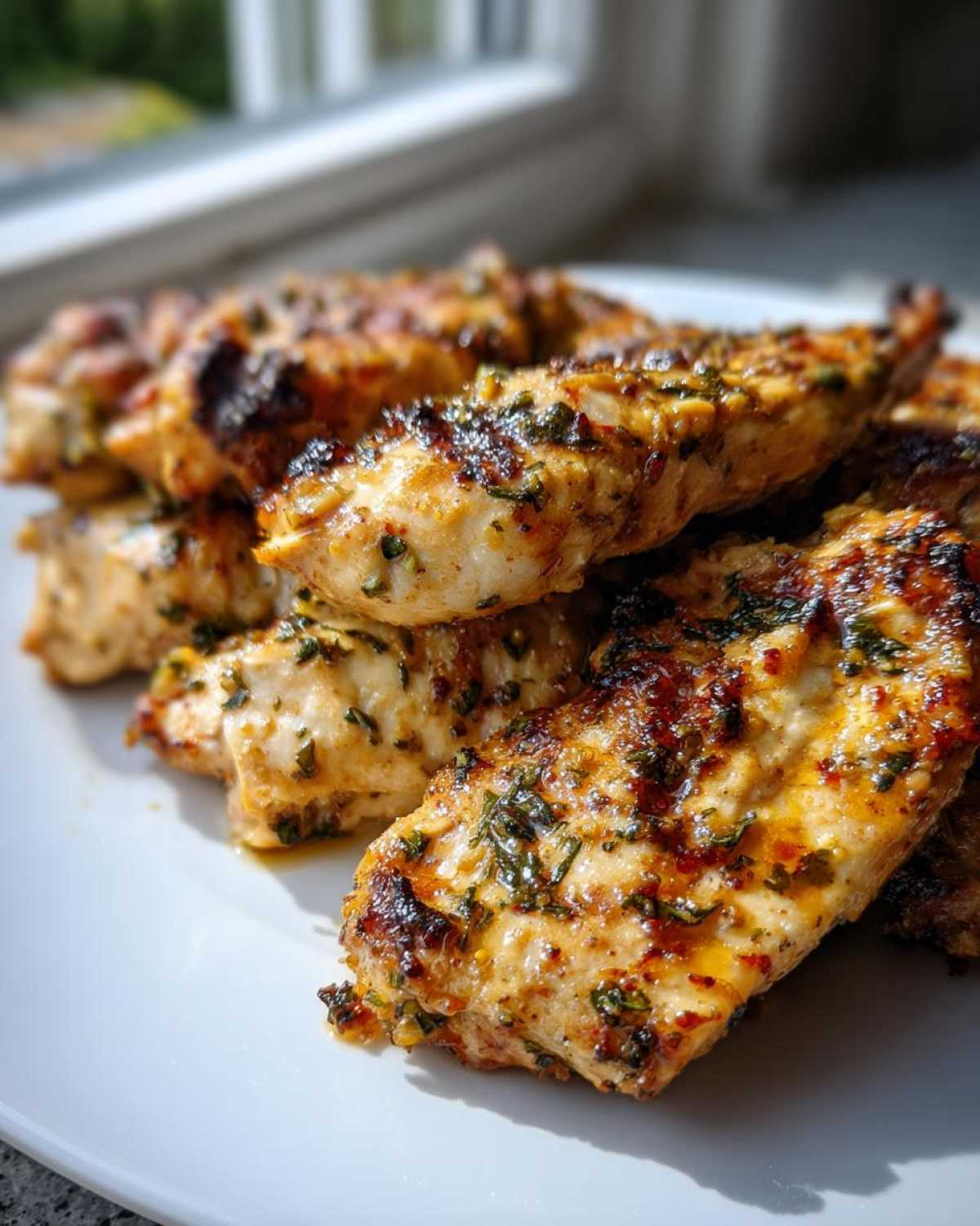 Close-up of grilled chicken tenders coated heavily in herbs from the best chicken marinade.