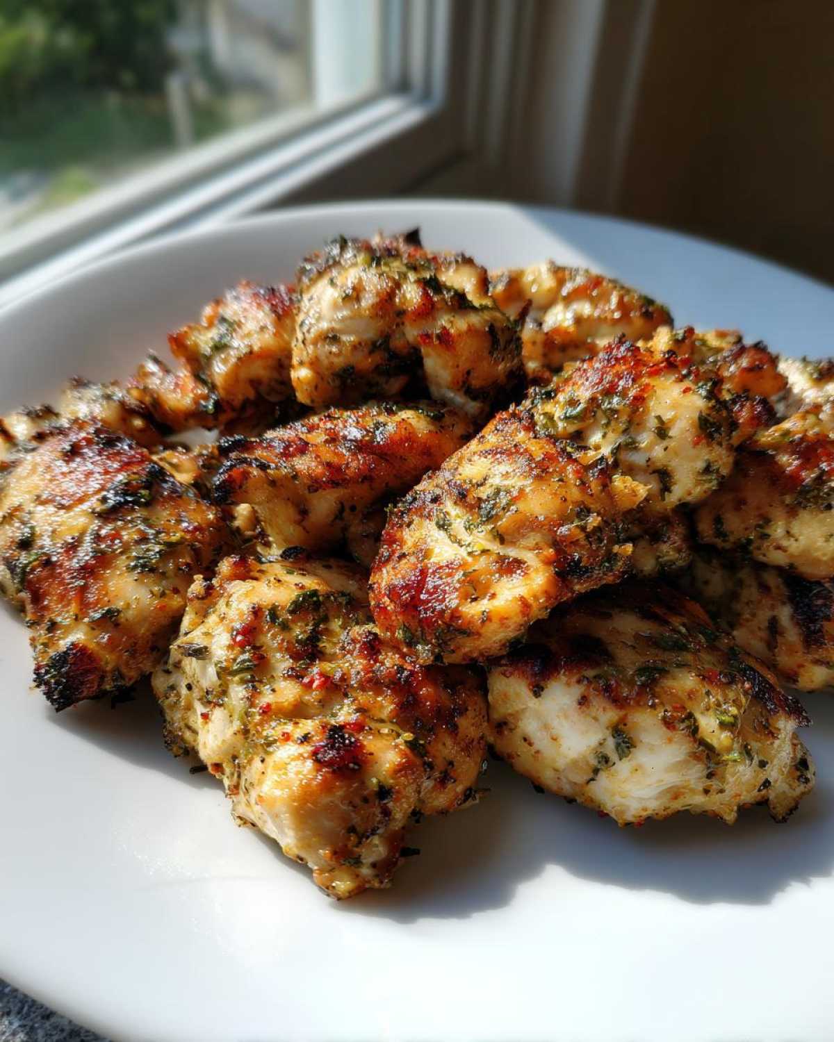Close-up of juicy, grilled chicken pieces coated in herbs, showcasing the best chicken marinade.