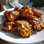 Close-up of grilled chicken pieces coated in a flavorful herb chicken marinade, resting on a white plate.