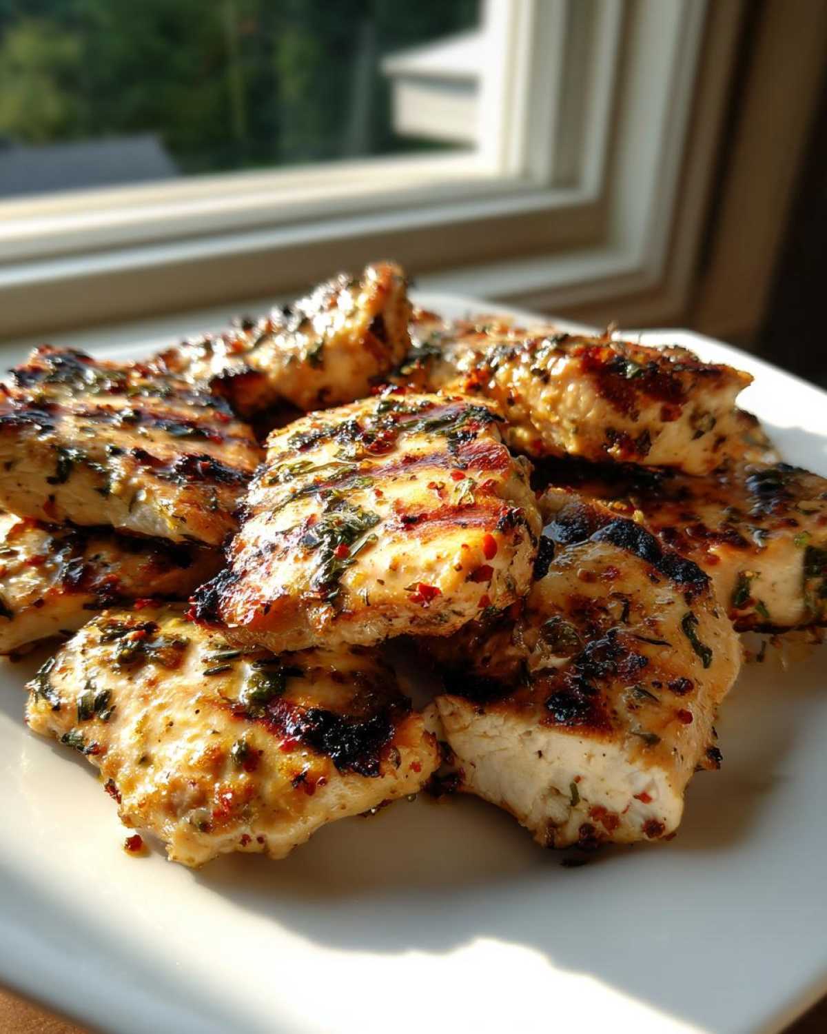 Close-up of grilled chicken pieces coated in a flavorful herb and chili chicken marinade, served on a white plate.