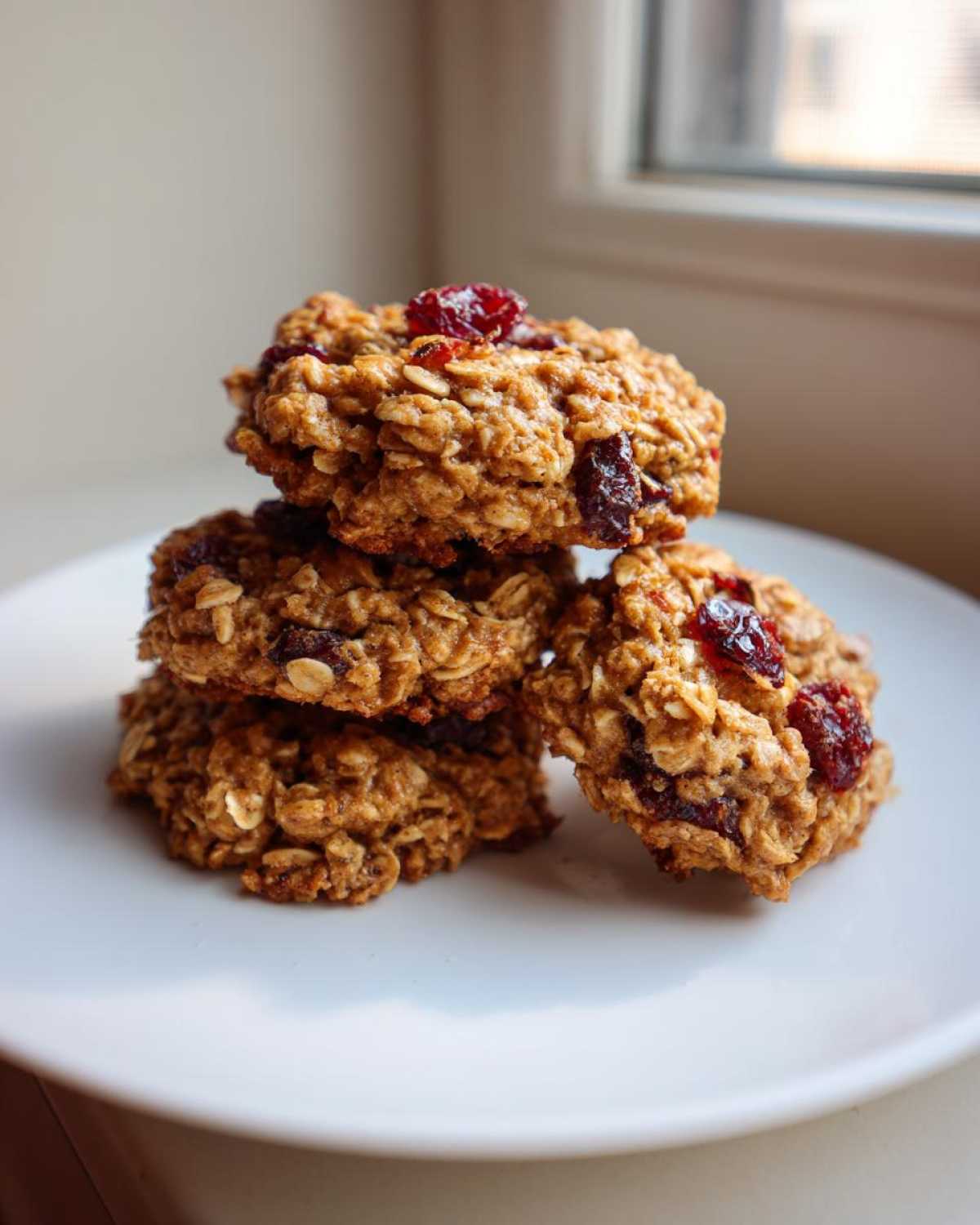 A stack of four chewy, oatmeal breakfast cookie treats topped with dried cranberries on a white plate.