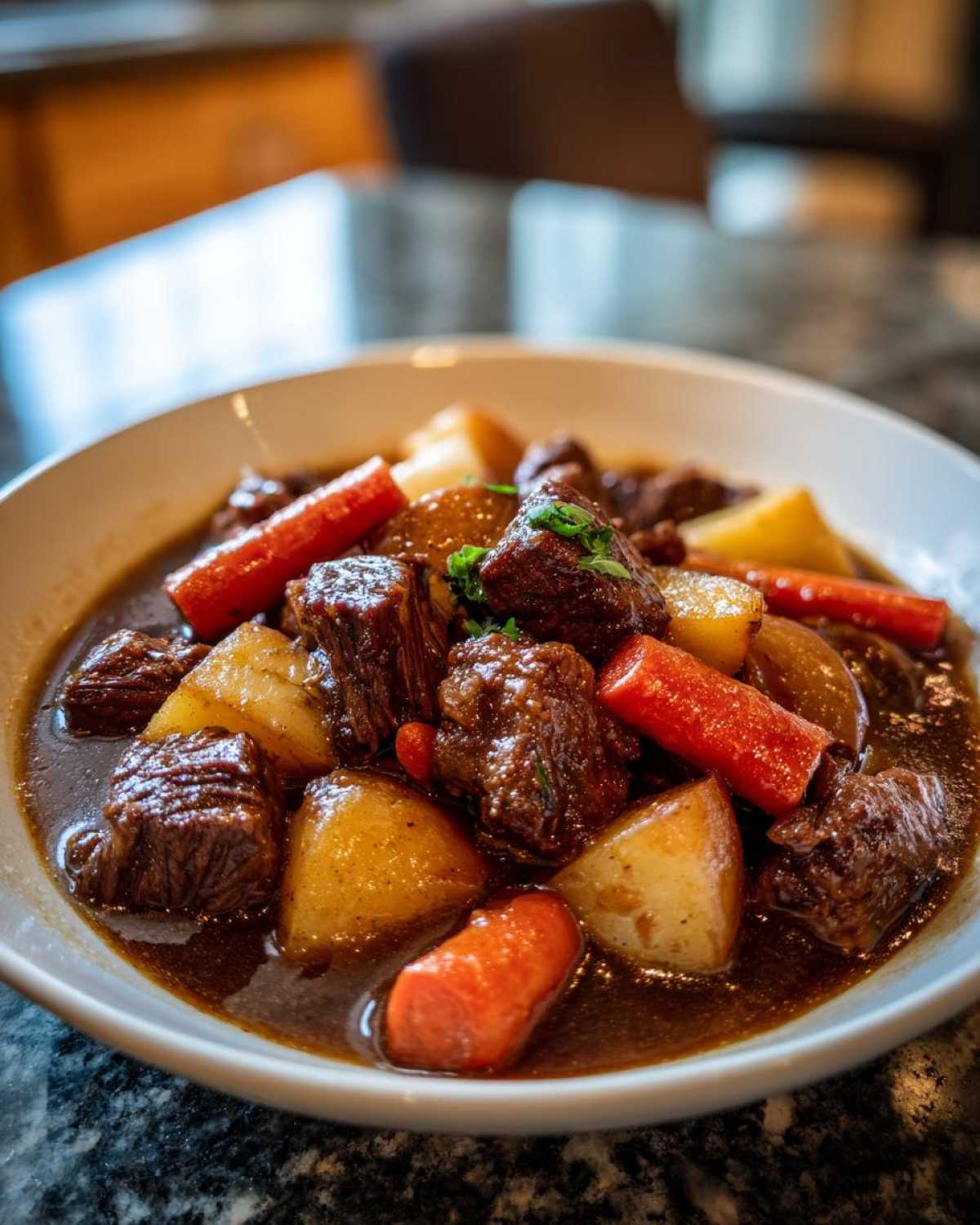 Close-up of a rich, dark pork stew filled with tender meat chunks, potatoes, and bright orange carrots.