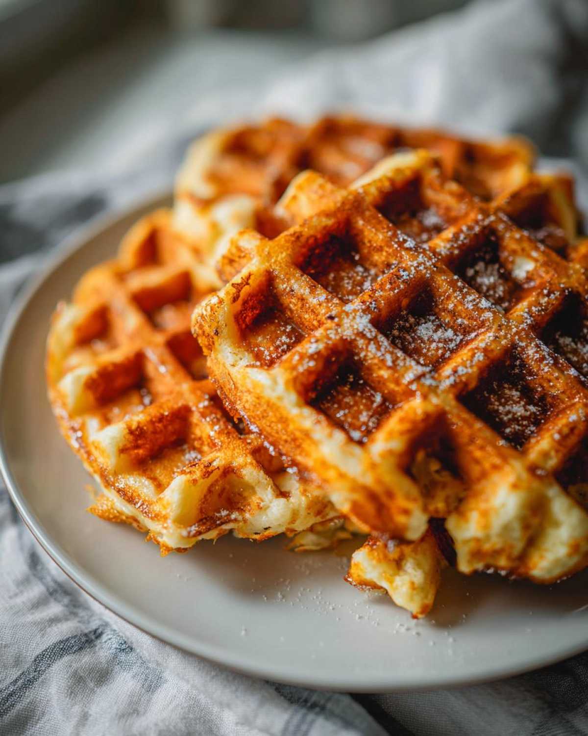 Close-up of golden brown high protein waffles dusted with powdered sugar on a light gray plate.