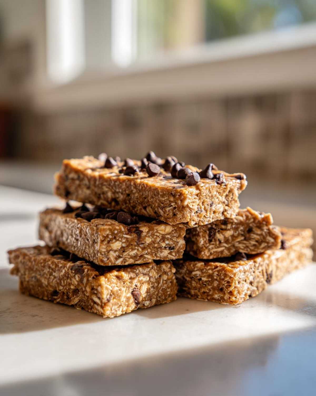 A stack of homemade, chewy protein bars topped with mini chocolate chips, sitting on a bright countertop.