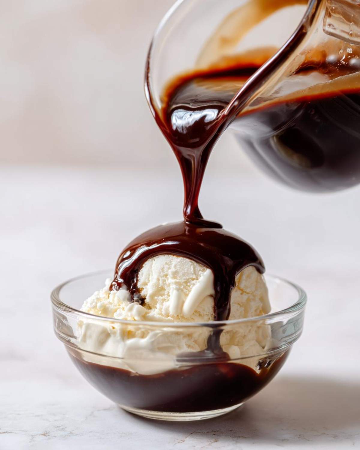 Thick, glossy chocolate syrup being poured from a glass pitcher onto scoops of vanilla ice cream in a bowl.