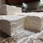 Close-up of thick, fluffy homemade marshmallows dusted heavily with powdered sugar on a granite counter.