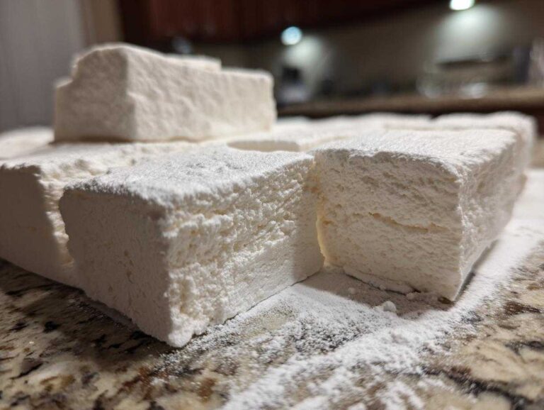 Close-up of thick, fluffy homemade marshmallows dusted heavily with powdered sugar on a granite counter.
