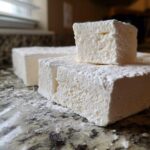 Close-up of thick, fluffy homemade marshmallows dusted heavily with powdered sugar on a granite countertop.
