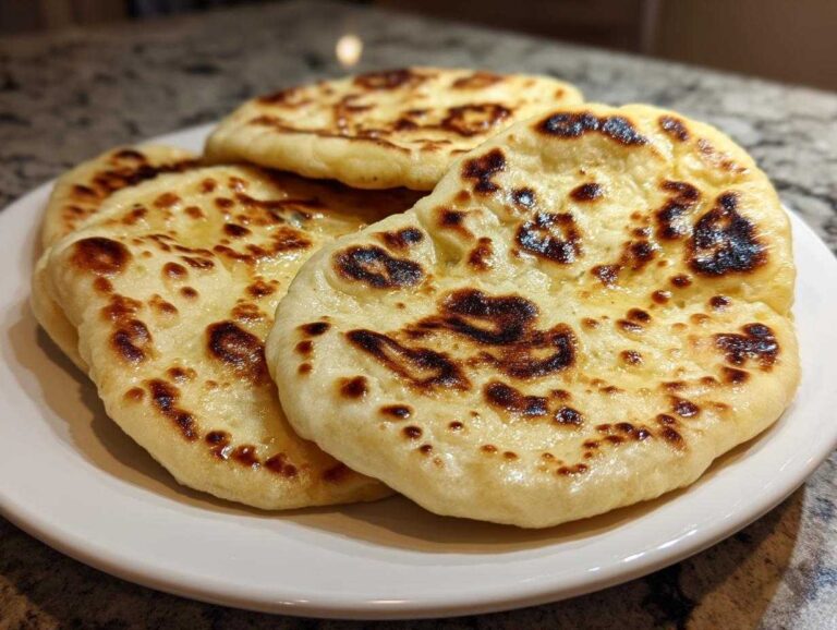 Amazing 8 homemade naan bread secrets A stack of four golden, soft homemade naan bread pieces with charred bubbles, resting on a white plate.