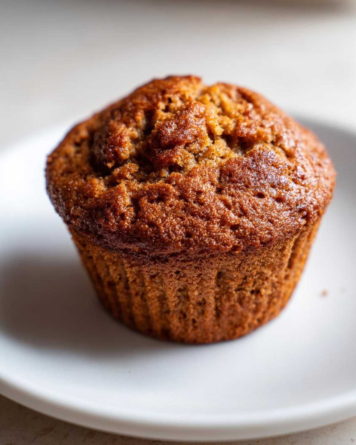 Close-up of a single, golden-brown honey bran muffin resting on a white plate.