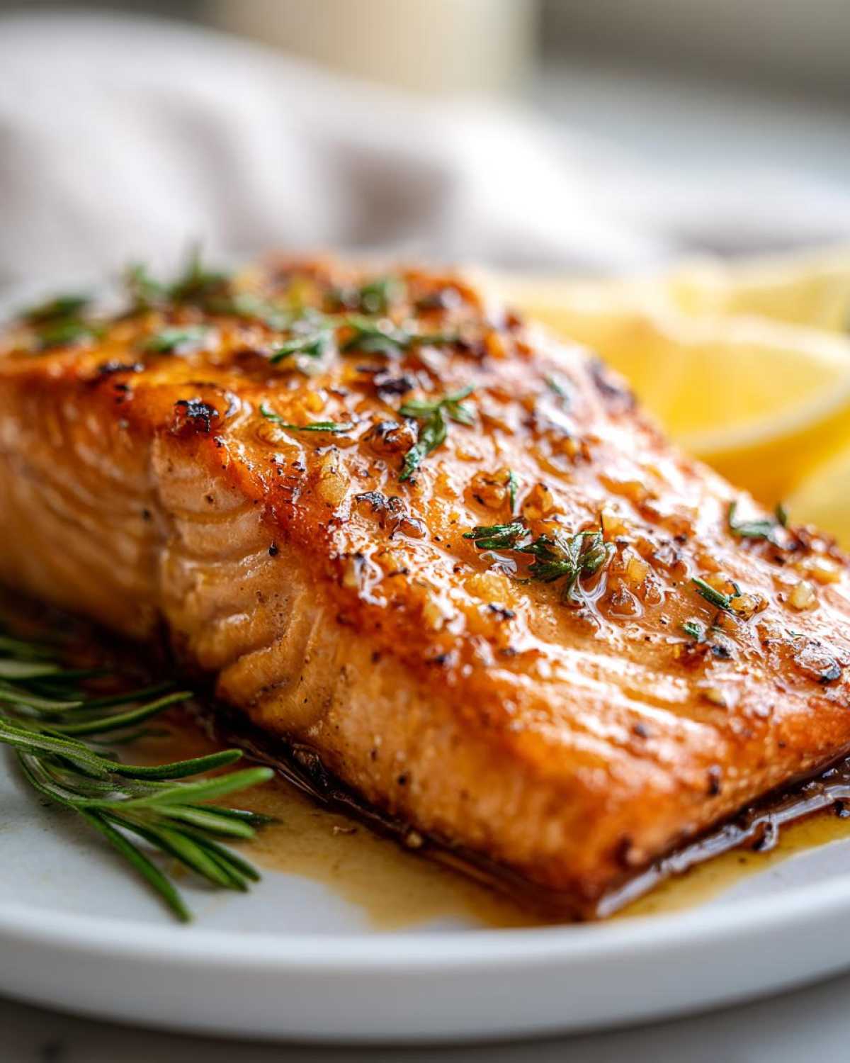 Close-up of a perfectly cooked, glazed honey garlic salmon fillet garnished with rosemary and lemon slices.