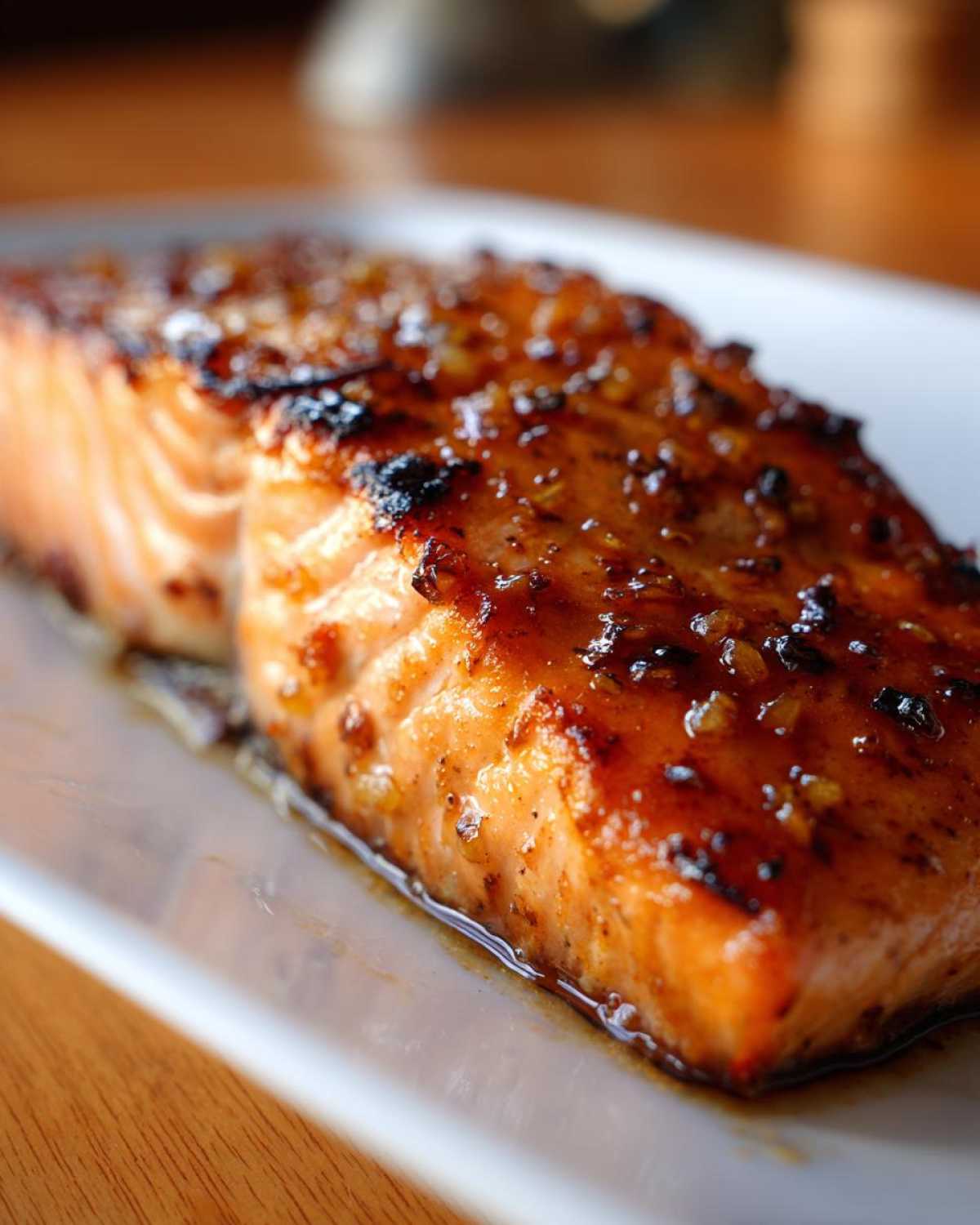 Close-up of a perfectly cooked, glazed honey garlic salmon fillet resting in its sauce on a white platter.