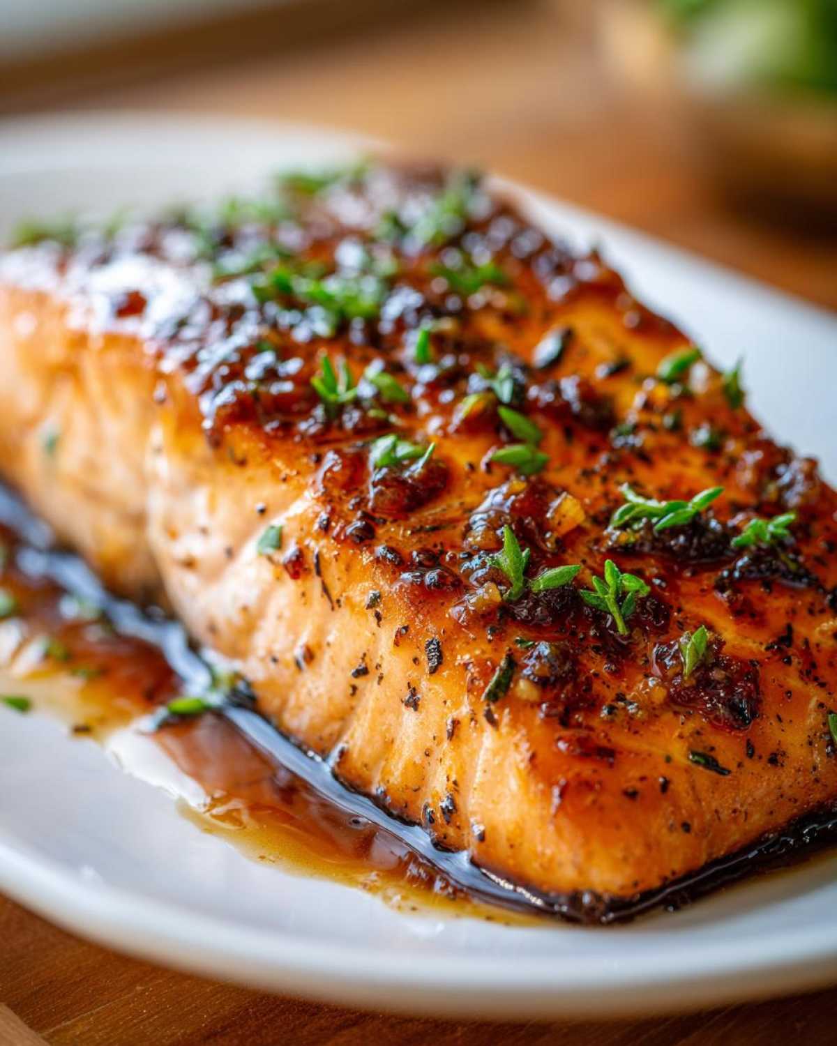 Close-up of a perfectly cooked honey garlic salmon fillet, glistening with glaze and topped with fresh herbs.