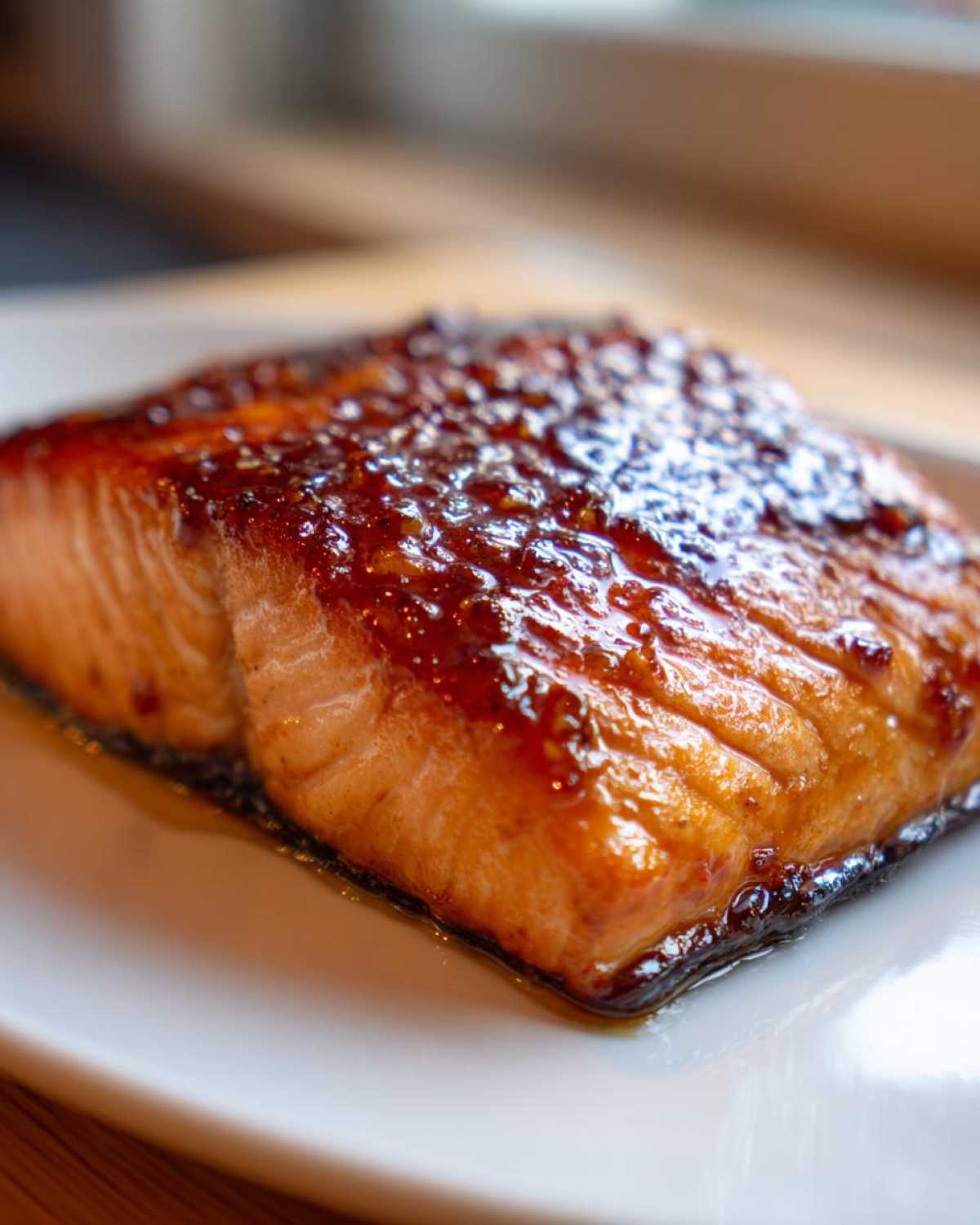 Close-up of a perfectly cooked salmon fillet covered in a thick, shiny honey garlic glaze.